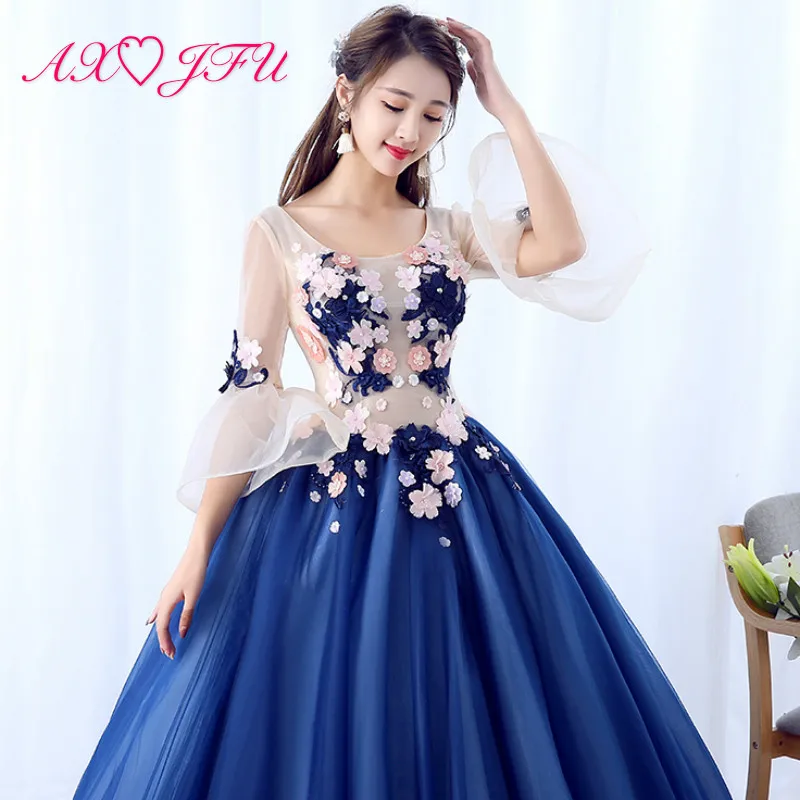 

AXJFU luxury princess navy blue lace bride evening dress vintage o neck beading flare sleeve flower host ball gown evening dress