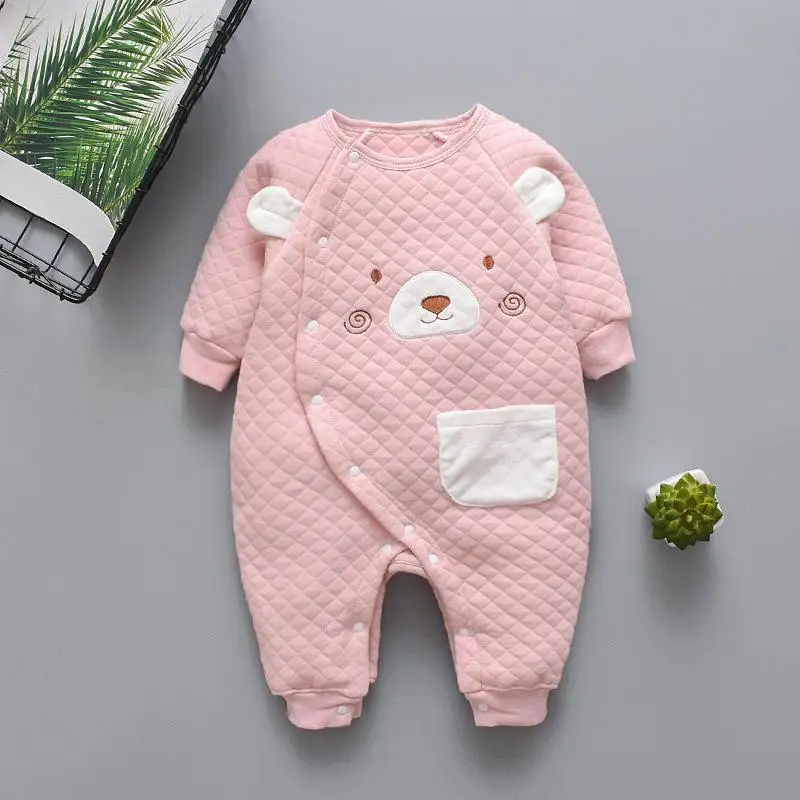 Newborn Baby Autumn Long Sleeved Cotton Rompers New Baby Boys Girls Winter Warm Thicken Jumpsuit Cartoon One Piece Outfits - Цвет: pink