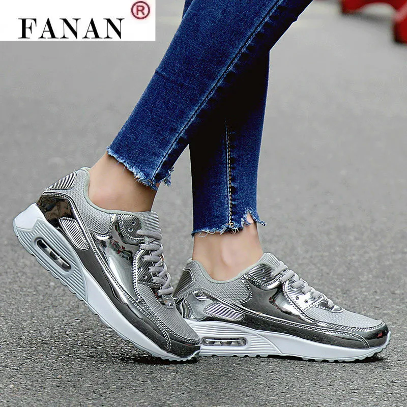 

FANAN Fashion PU Leather Women Trainers Breathable Mesh Women Casual Shoes Women Vulcanize Shoes Gold Silver Women Shoes 46