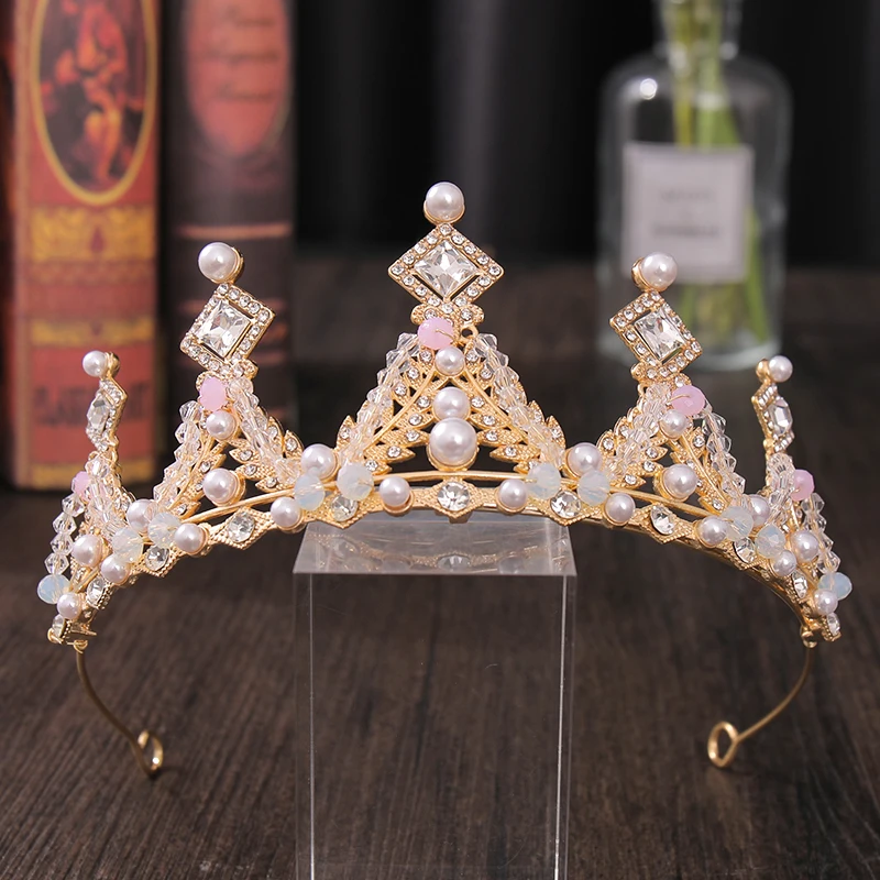 

Gold Pearl Wedding Crown Bridal Hair Accessories Tiaras Handmade Wedding Crown Bridal Hair Accessories Prom Gift