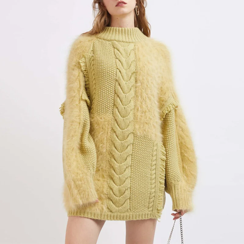 Женский Длинный Свитер оверсайз толстый теплый свитер с круглым вырезом и желтой