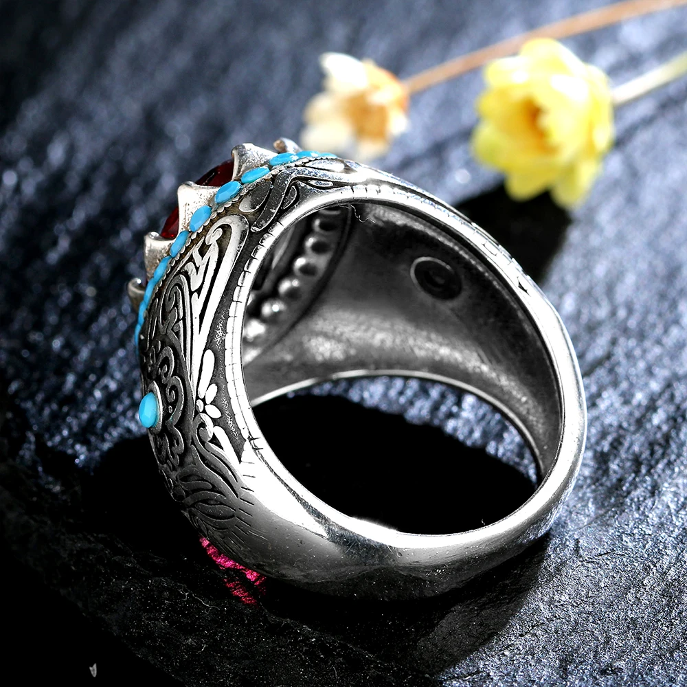 

S925 Silver Retro Ring Oval Ruby Zircon Stone Ring Red Gemstone Vintage Jewelry Male Thai Silver Turkish Jewelry Gifts Wholesale