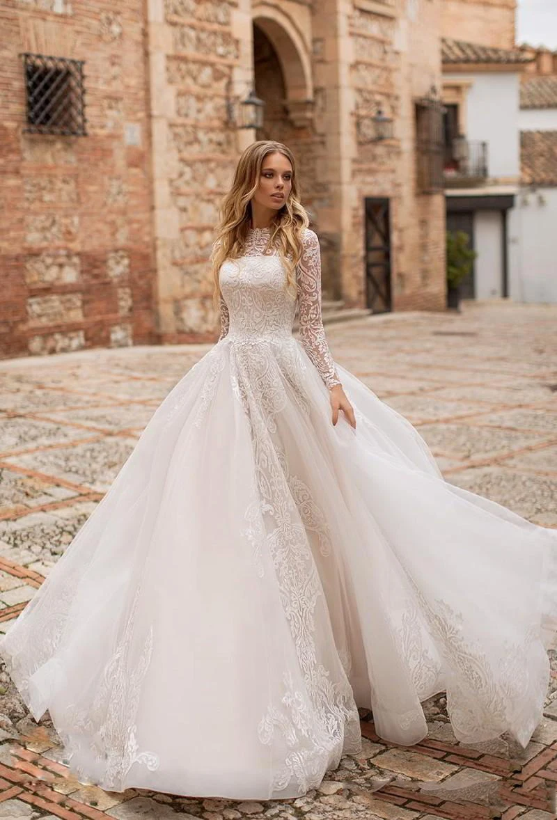 Горячие Скромные Длинные рукава Кружева А линия Свадебные платья Тюль