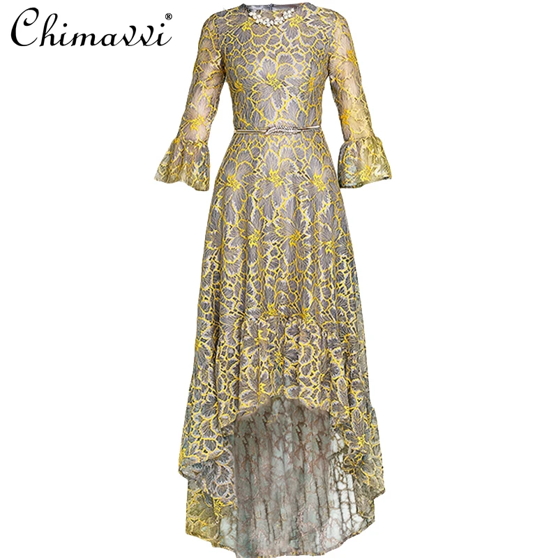 

New Women's Embroidered Lace Flare Sleeve Slim Maxi Long Dress for Party Elegant Ladies Irregular Fishtail Ruffled Lace Dress