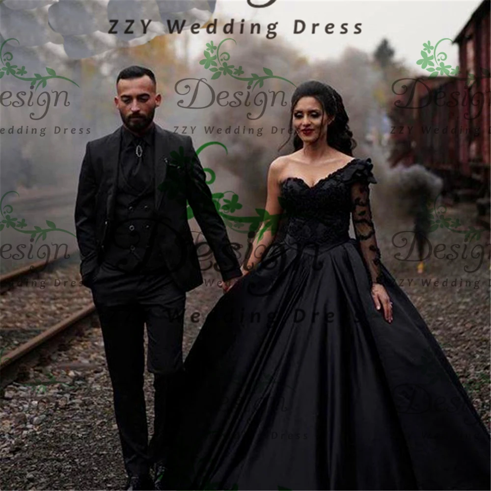 

Black Satin Vestidos De 15 Quinceanera Dresses One Sleeve Asymmentric Lace Appliqued Beading Quinceanera Dresses For Women