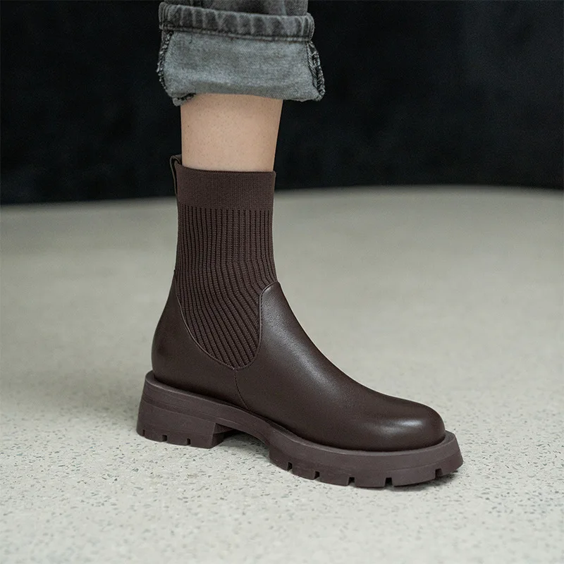 

Autumn and winter new elastic knit socks boots women thick-heeled retro British style mid-heel thick-soled cowhide round-toe sho