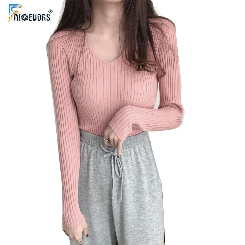 Winter Basic Knitted Tops Women Fashion Hot Sales Design Skin Tight V Neck Sweater Pink Gray White Black Blue O014 | Женская одежда