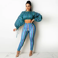 autumn two piece set women fashion sexy striped print puff sleeve cropped top trousers suit casual two piece set women