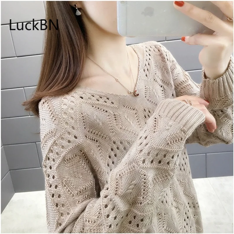 

Female Casual Thin Hallow Out Jumpers Brand Spring Women Solid Color Sweaters Fashion Fall Loose V Neck Outwear Chic Knitwear