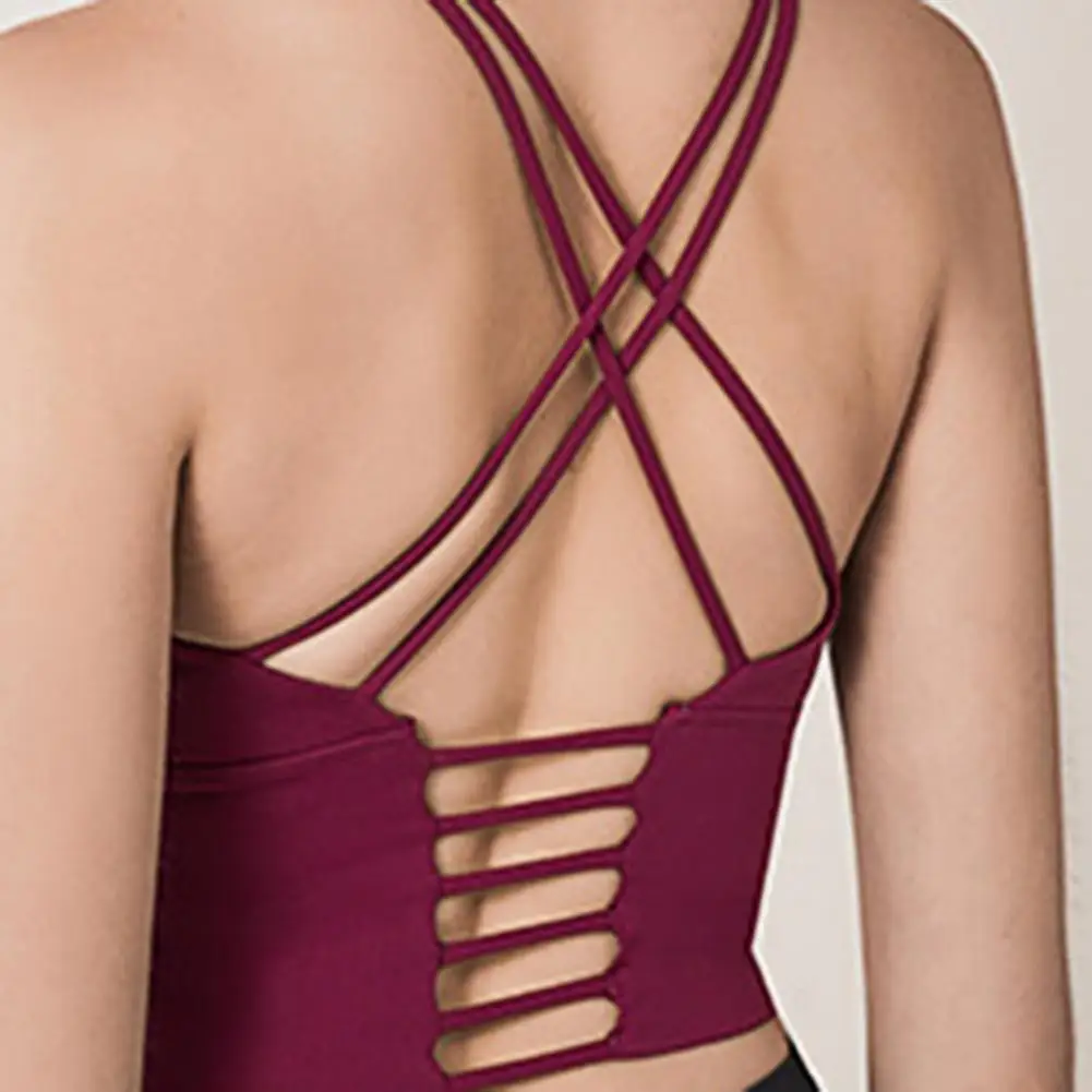

Vest Women Summer Solid Color Nylon Sleeveless Hollow Back Cross Straps Slim Tanks Top Cropped Camisole for Sports Black S