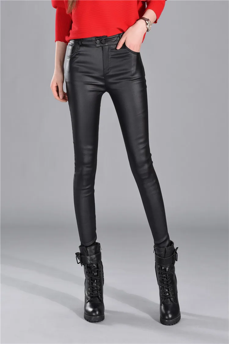 Autumn Winter women leather pants High Waisted elastic shiny trousers slim female pencil pantalon femme | Женская одежда