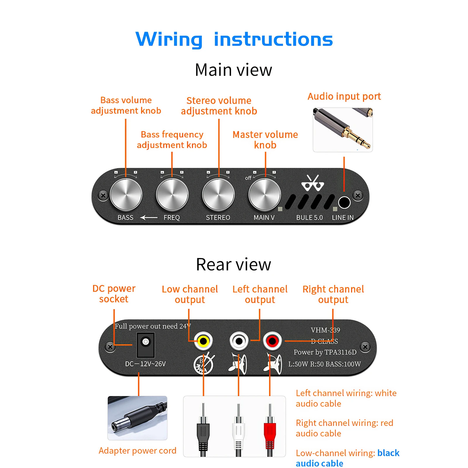 

Bluetooth 5.0 Stereo Digital Power Amplifier HIFI Digital 2.1 Channel 2*50W+100W Stereo Power Audio Class Subwoofer Amplifier