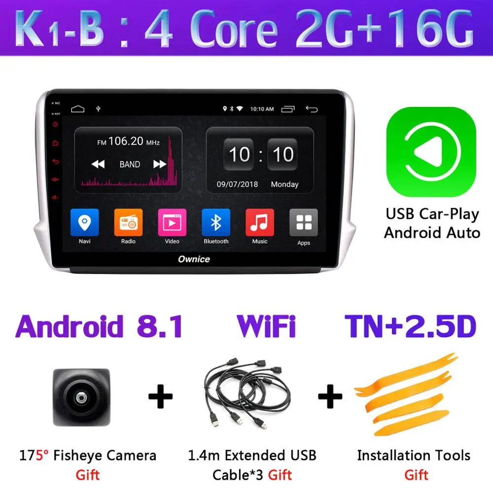 K1-B-CarPlay 1din 360 ° панорамная камера 4G LTE Android 9,0 4G+ 64G DSP CarPlay Автомобильный мультимедийный плеер для peugeot 2008 208- gps радио - Цвет: K1-B-CarPlay