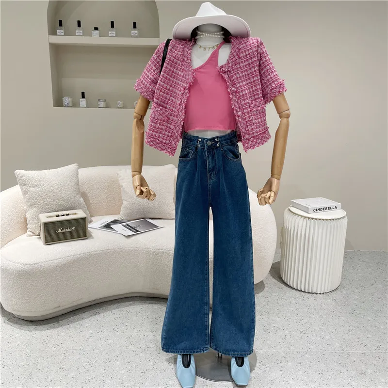 

Niche Design Women's Spring 2021 Fashion High Waist Single Button Light Blue Loose Wide Leg Pants Versatile Casual Denim Pants