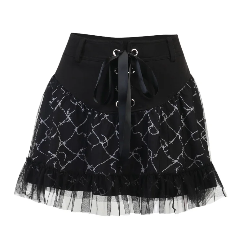 

InsDoit Gothic Lace Black Sexy Skirt Women Print Harajuku Streetwear Vintage Summer High Waist Skirt Elegant Bandage Short Skirt