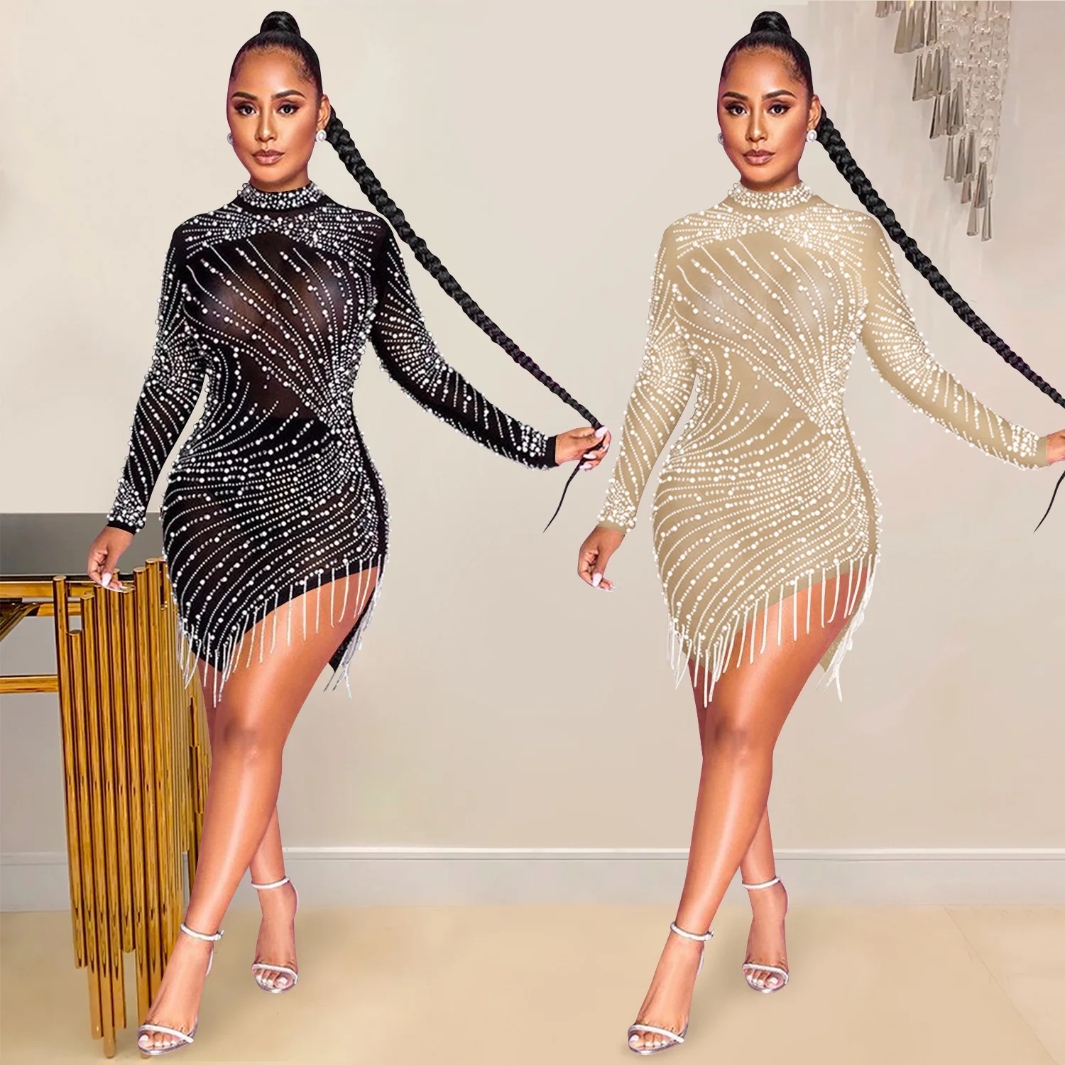 

Women's Short Dress Sexy Nightclub Mesh Perspective Hot Drill Bubble Bead Tassel Round Neck Long Sleeve Dress
