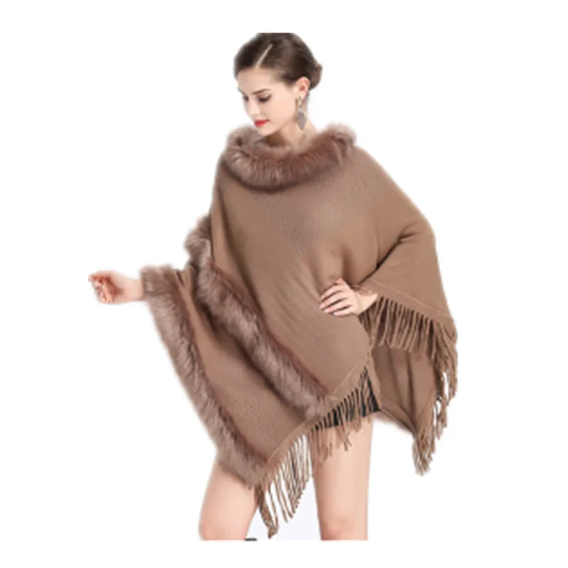 

American Large Size Imitation Fox Fur Mid-Length Cape Shawl Women's Cloak Coat Women's Tassel Pullover Sweater Thick