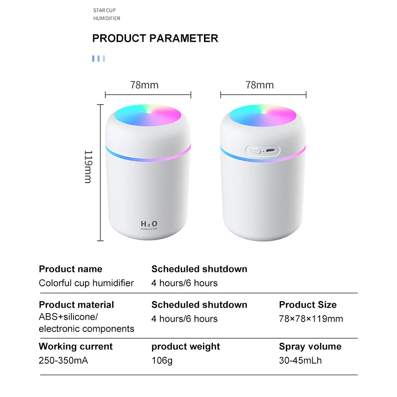 

Humidifiers Diffusers Usb MINI 300ML Ultrasonic Soft Romantic Light Mist Maker Purifier Aromatherapy for Home Car Dazzle Cup