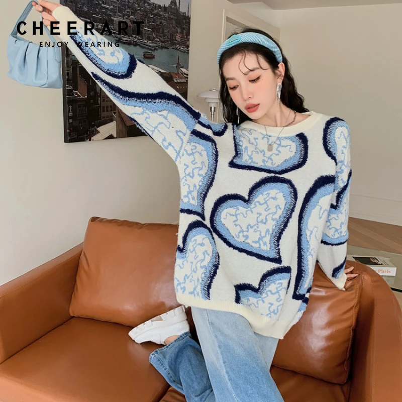 

CHEERART Heart Print White Oversized Sweater Winter Clothes Women Pullovers Knitted Black Crewneck Sweater Ulzzang Streetwear