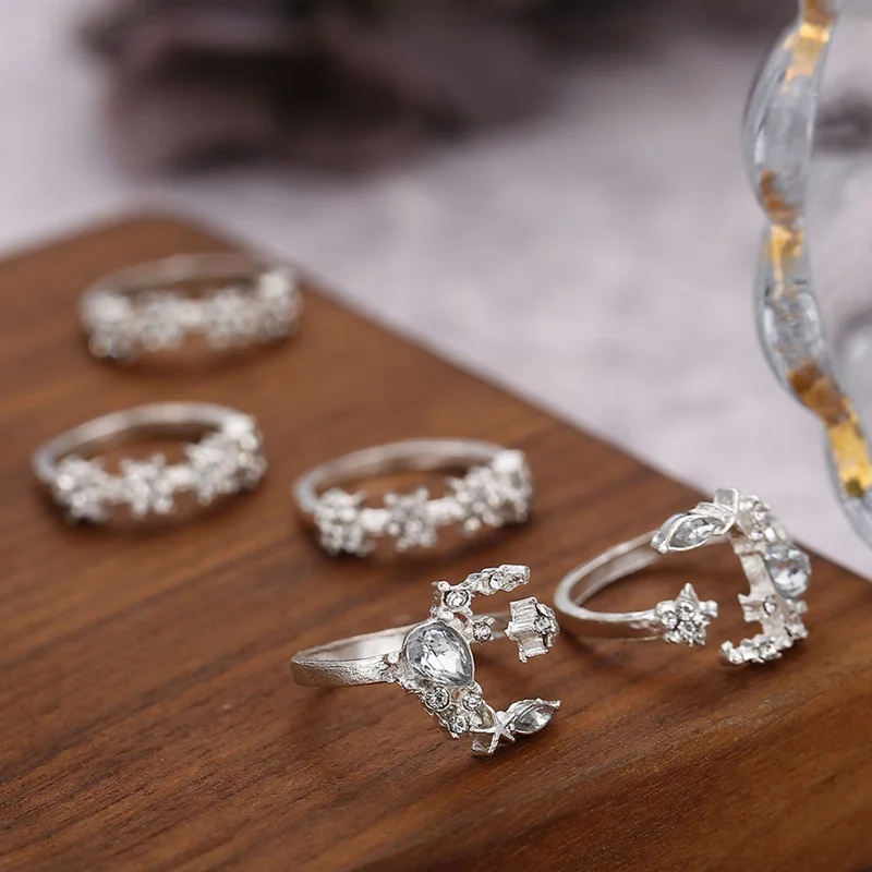 Модные Блестящие кристаллы Луна и звезда кольцо комплект с геометрическим