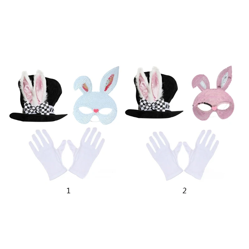 

Adult Easter Bunny Costume Set Plush Rabbit Ears Top Hat Sequins Eye Mask White Gloves Cosplay Accessories Stage Performance Hal