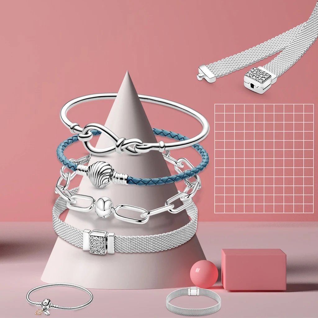 

2023 Charms Solid Silver Bracelet Heart T-Bar Cuff Chain Sparkling Blue Chain Bracelet Women Jewelry