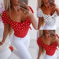 women blouse newest hot fashion polka dot print female casual summer short sleeve sexy lady o neck bow clothing