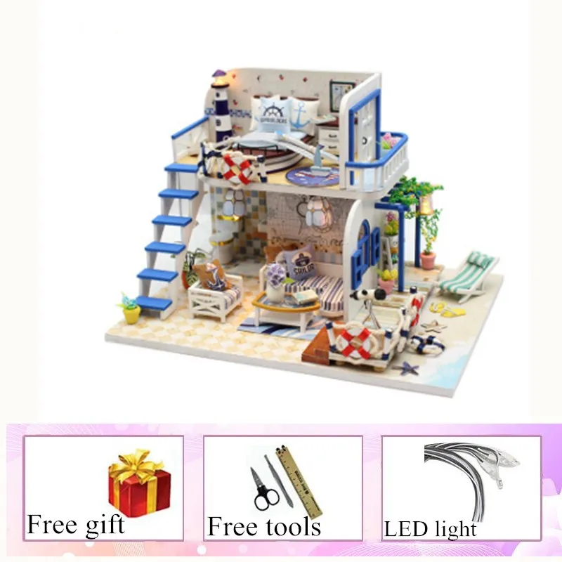 doll house BLUE COAST Кукольный дом Миниатюрный Кукольный домик DIY деревянный дом с мебели Развивающие игрушки для детей подарок на день рождения ребенка - Цвет: doll house