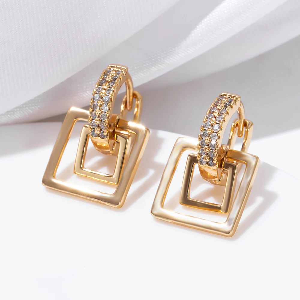 

Yunkingdom New 2021 Gifts Elegant Double Square Dangle Earrings for Women White Crystal Drop Earring Indian Jewelry Gold Hoops