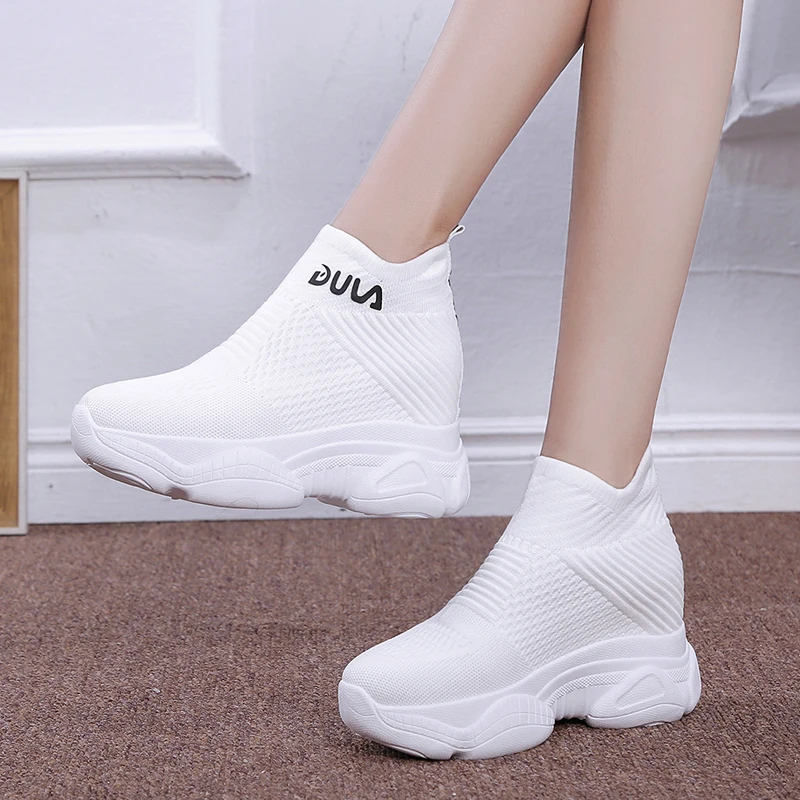 

Breathable Knitted Platform Women's White Shoes, Women's Inner Heightening Socks Shoes, Breathable Wedges Sneakers 2022