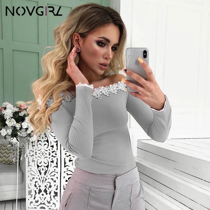 Novgirl/элегантные кружевные вязаные женские футболки с открытыми плечами 2019