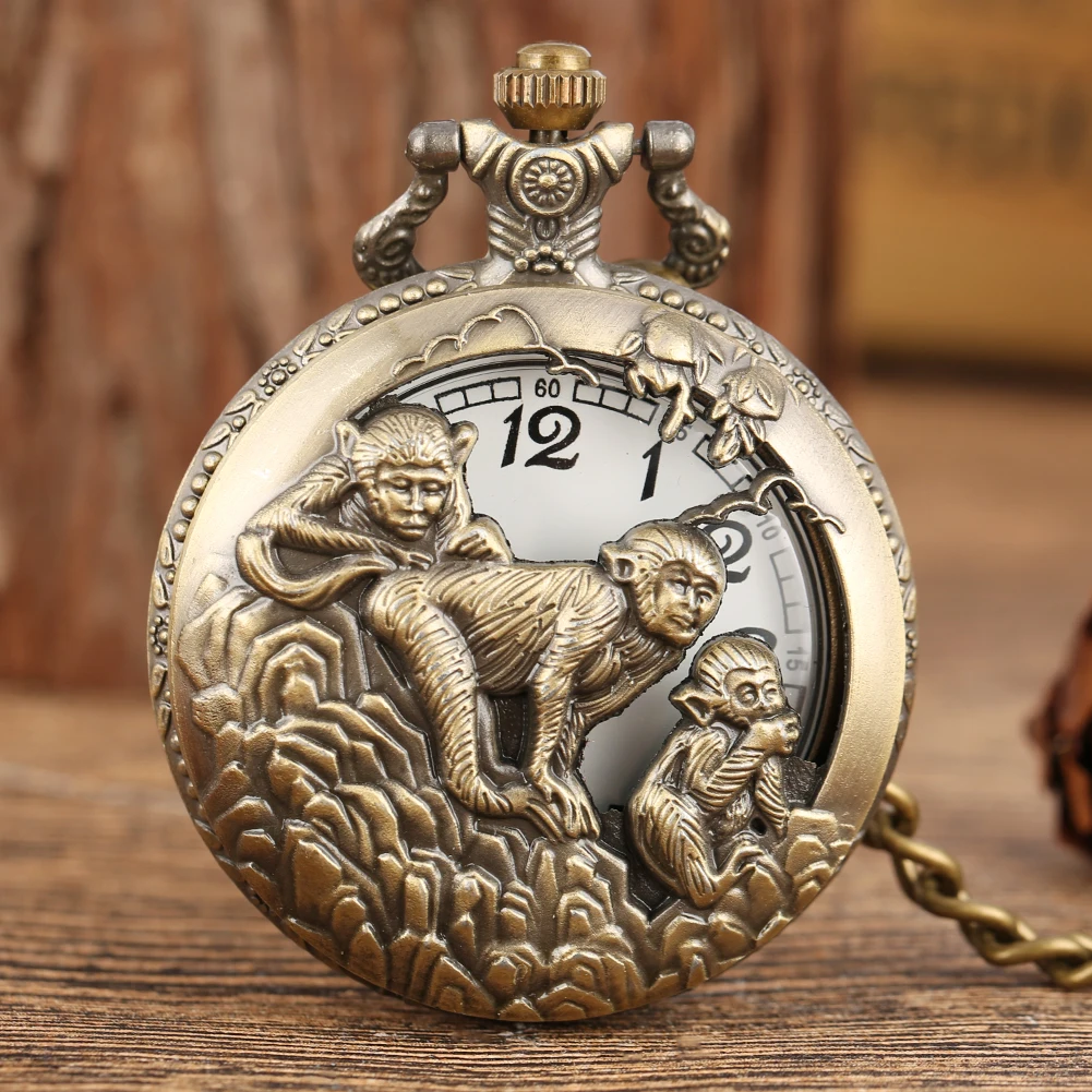 

Bronze Chinese Zodiac Monkey Pocket Watch Retro Pendant Watch Necklace Fob Chain Half Hunter Antique Clock Unisex Gifts