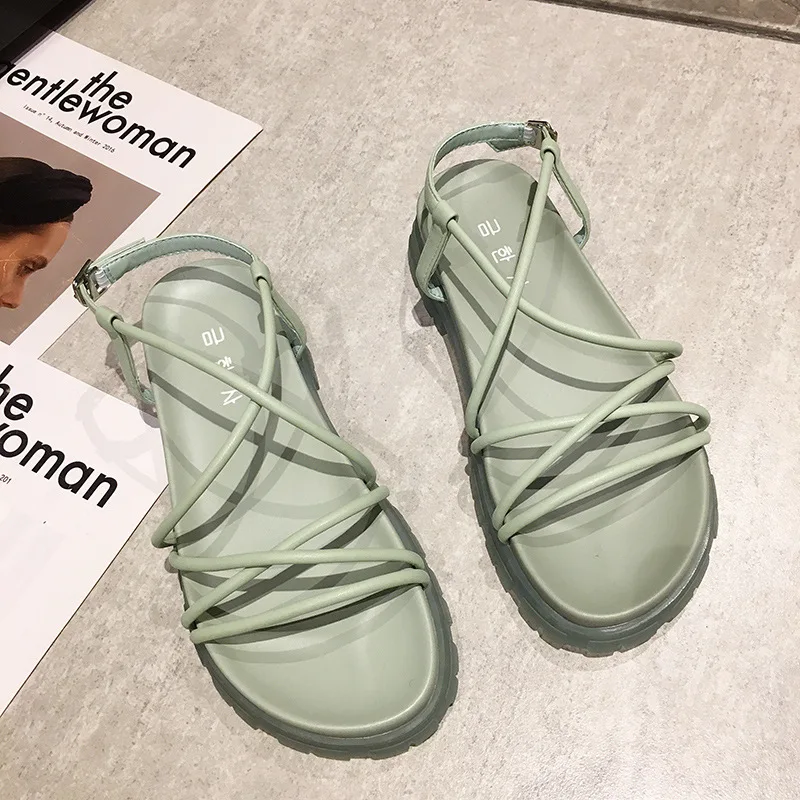 

Buckle Comfort Shoes for Women Sandals Straps 2021 Summer Clear Heels Suit Female Beige Elastic Band New Girls Beach Flat Low B
