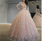2021 блестящие розовые платья для Quinceanera, кружевное бальное платье с блестками, платья для выпускного вечера, милое официальное длинное платье с круглым вырезом и длинным рукавом, 16