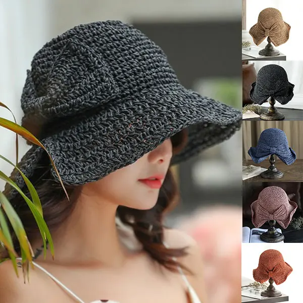 

New Brim and Bow Summer Hat Summer Hat Foldable Wide Brim Floppy Straw Sun Hat Summer Beach Hat for Women Girl XD88
