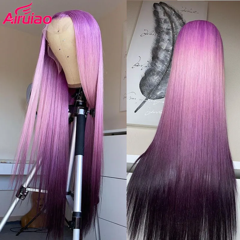 

Long Bone Straight Hair 26 HD Lace Wig Pre Plucked Baby Hair Ombre Human Hair Wigs For Black Women Remy Colored Purple Part Lace
