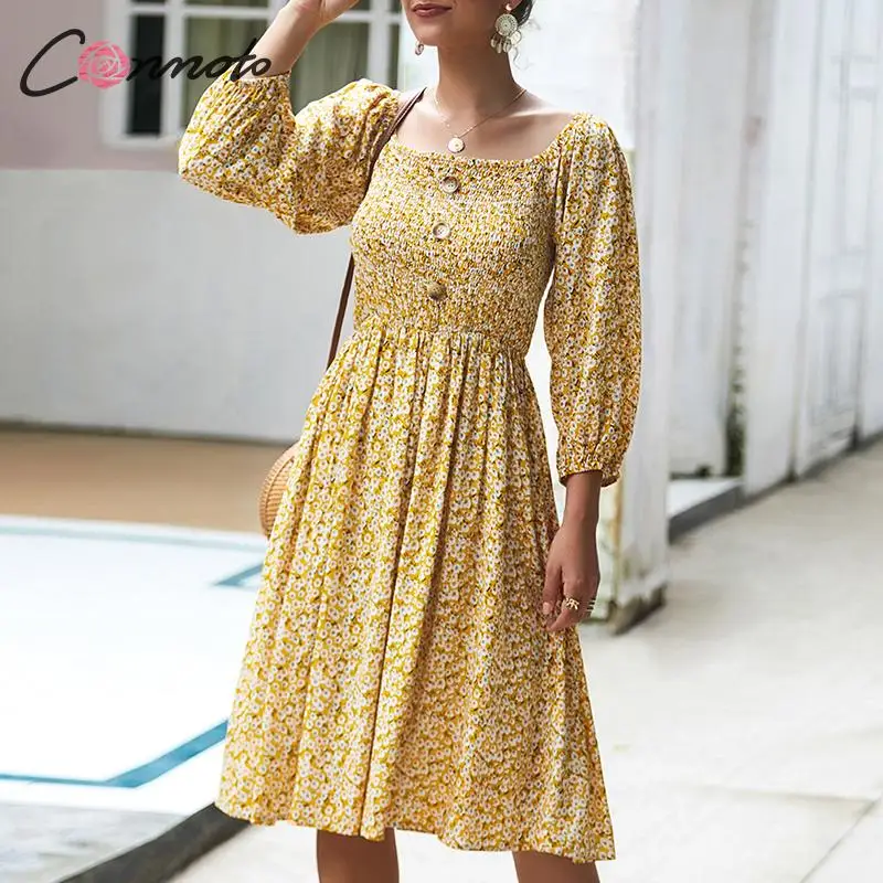 Conmoto осень 2019 Для женщин Цветочный принт вечерние платье Женский Винтаж