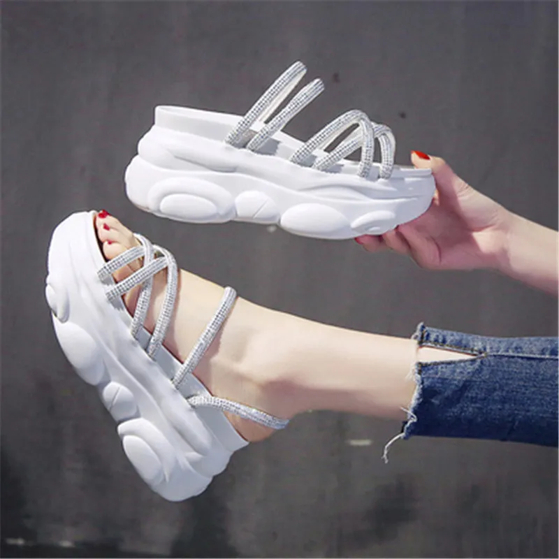 

Platform Women's Sandals 2021 Fashion Summer Crystal Narrow Band Female Thick Soled Beach Sandal Chunky Woman Casual Shoes N6-68