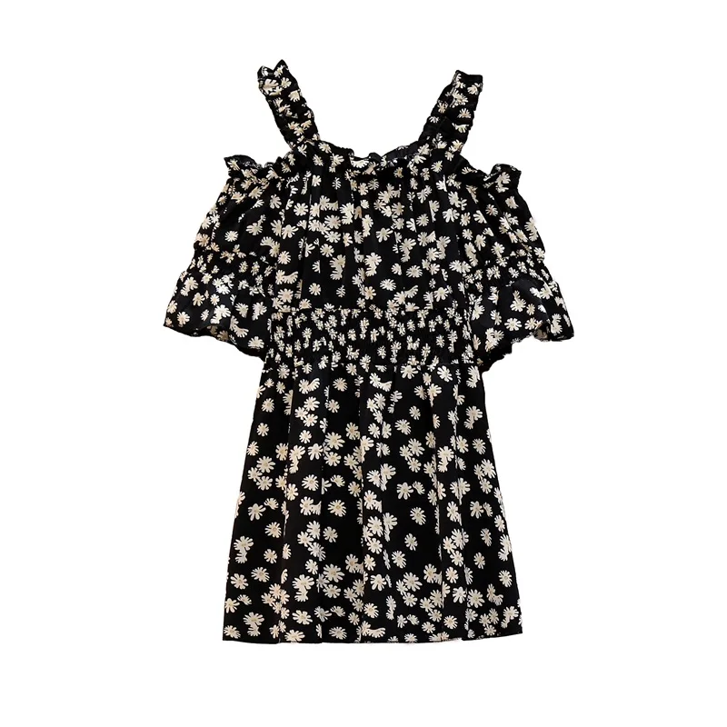 

L-4XL Ladies Summer Fashion Korean Version Of The Word Collar Short-Sleeved Strap Daisy Floral Dress Slim Raglan Sleeves Casual