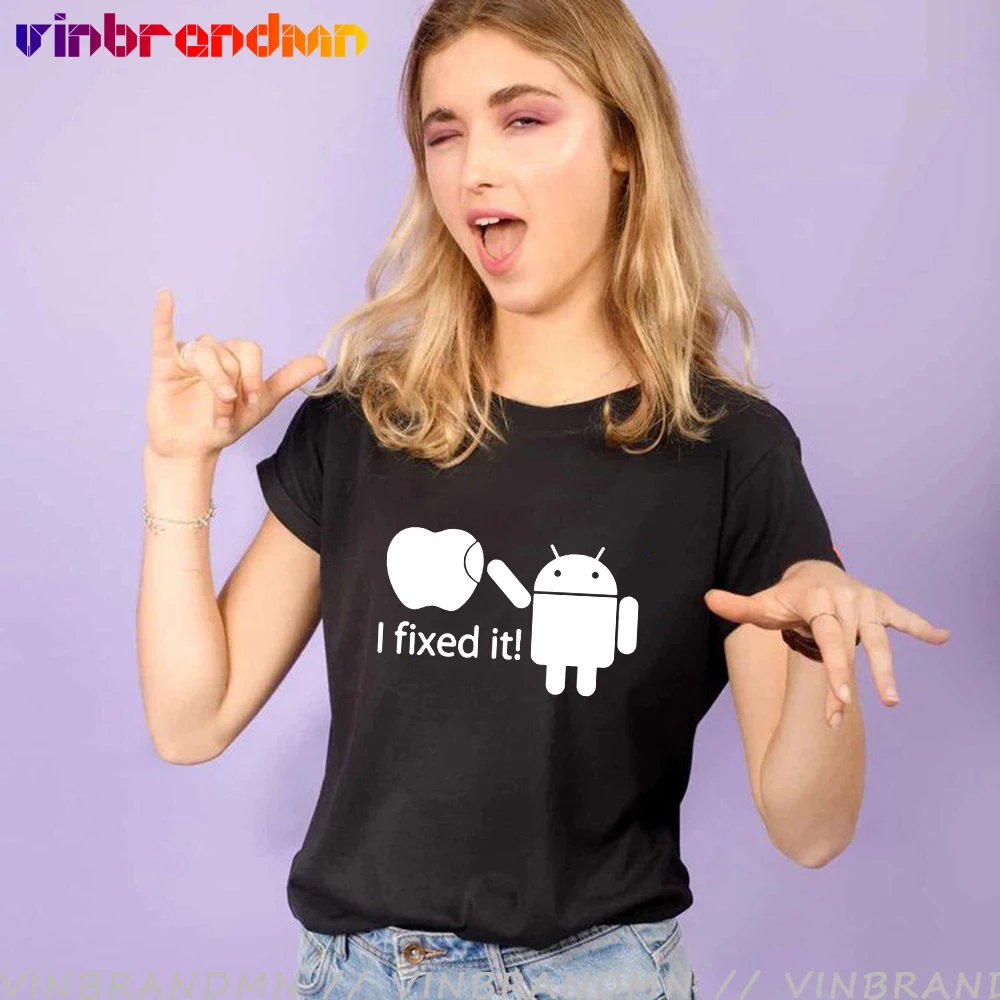 Android исправить это Apple футболка для женщин Юмор логос напечатал забавная с