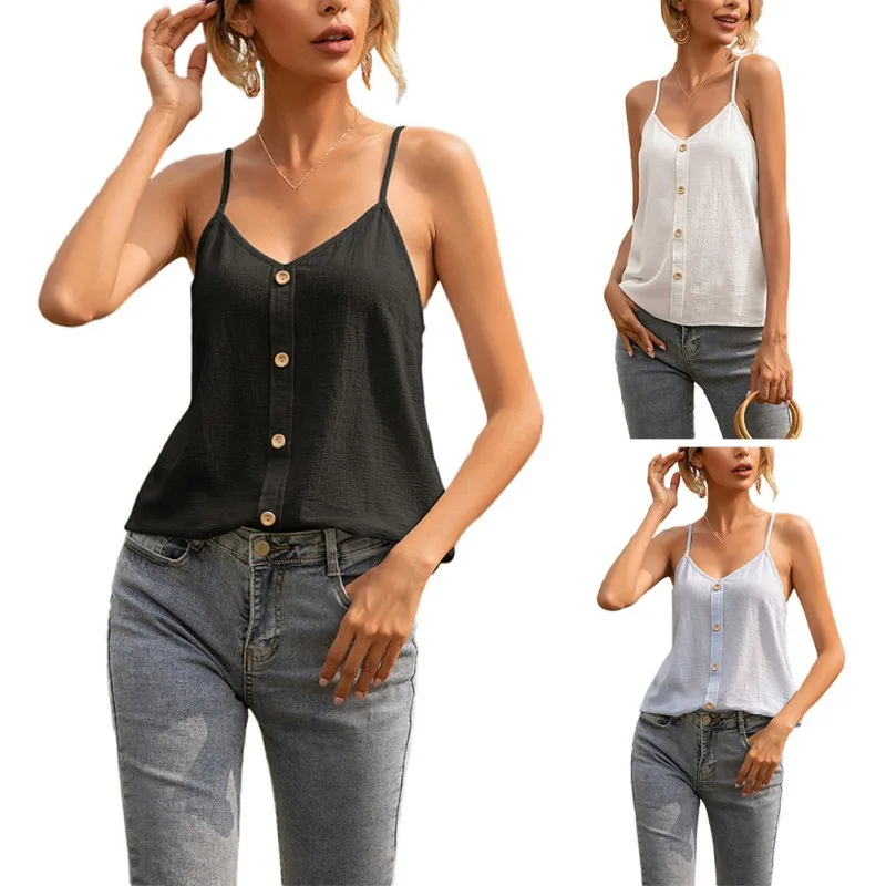 

ROPALIA Casual Thin Camisole Women Loose Top Bottoming Vest Solid Color Suspenders Summer Button Tees
