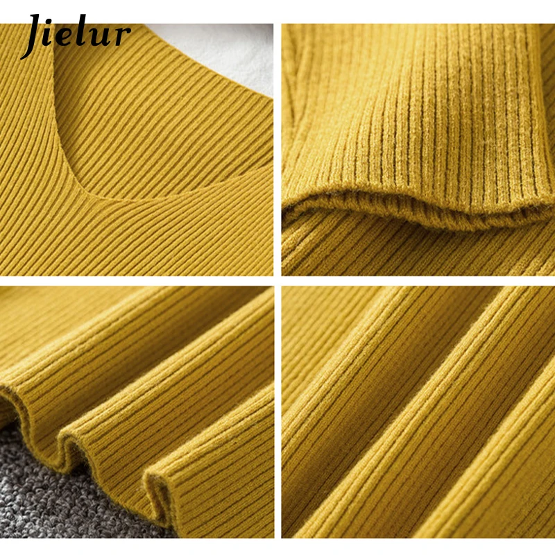 

Jielur V-neck Sweaters Autumn Winter Solid Color Slim Pull Femme Pullovers Chic Korean Knitted Pullover Basic Slim-fit Sweater