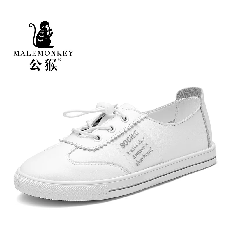 2019 New Fashion Women Casual Shoes Comfortable White Sneakers Lace-Up Split Leather Girls Flats | Обувь