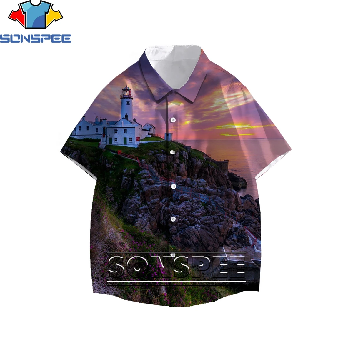 

SONSPEE Light Beacon By The Sea 3D Print Men's Shirt Summer Illuminator By The Sea Otaku Hawaiian Beach Buttons Oversize Top