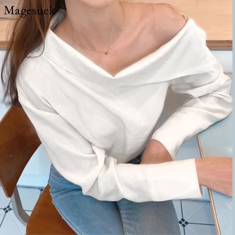 

Fashion White Blouse Women 2021 Sexy Skew Collar Pullover Women's Tops Casual Office Lady Solid Long Sleeve Shirt Women 11242