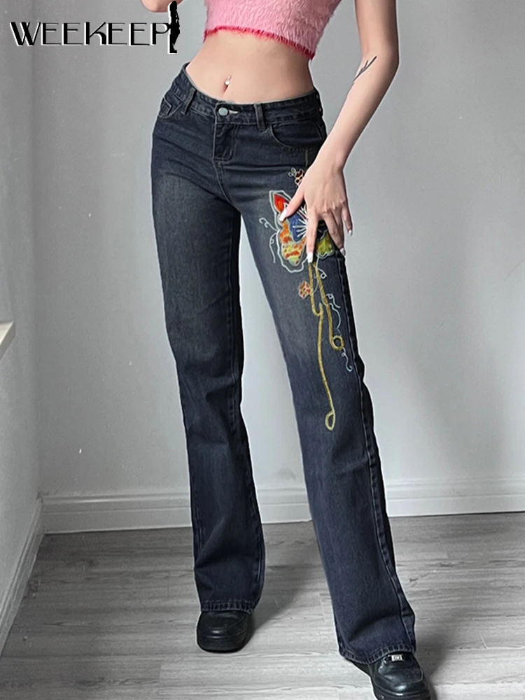 

Weekeep/модные джинсы с бабочками для женщин, с вышивкой, винтажные, гранж, прямые, джинсовые штаны Harajuku, Корейская уличная одежда, джинсы