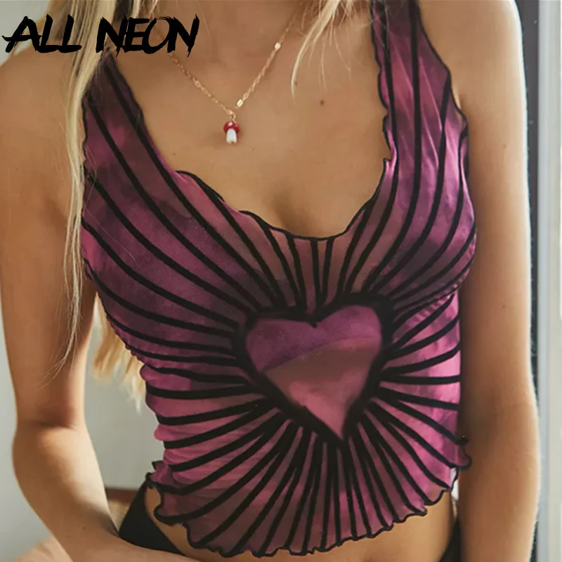 

ALLNeon Pastel Goth Striped Tie Dye Lettuce Trim Tanks E-girl Aesthetics Heart Print U-neck Sleeveless Crop Top Purple Vests
