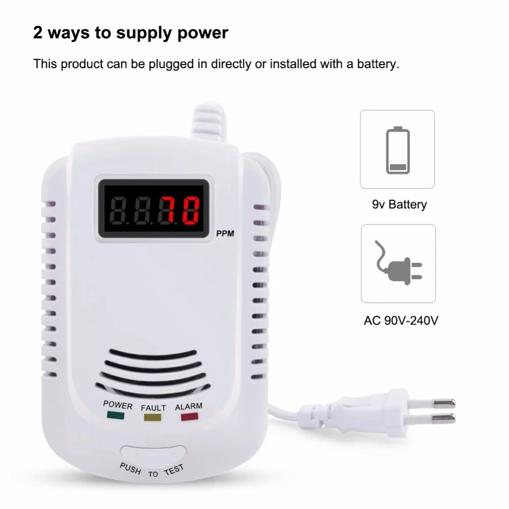 

LCD Display Combustible Natural GAS LEAK SENSOR Alarm Gas Detector Voice Warning Kitchen Alarm With backup battery EU Plug