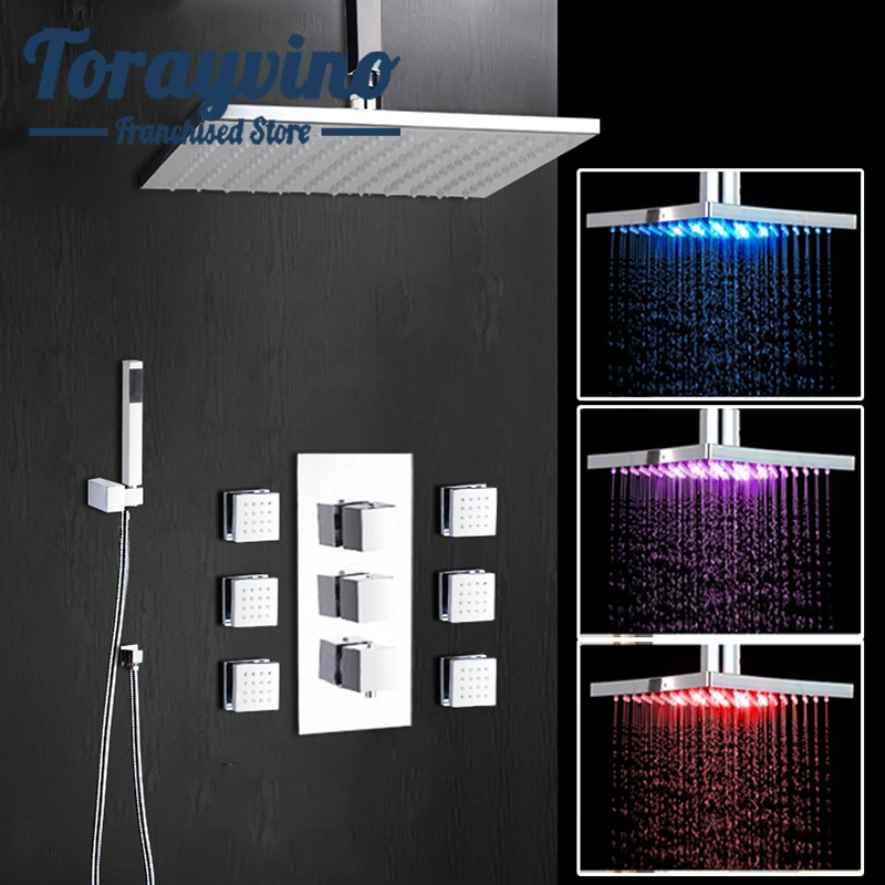 Juego de grifo de ducha cuadrado de lluvia con luz LED, Panel de ducha con Panel led, sistema de chorros de masaje corporal, grifo de Ducha