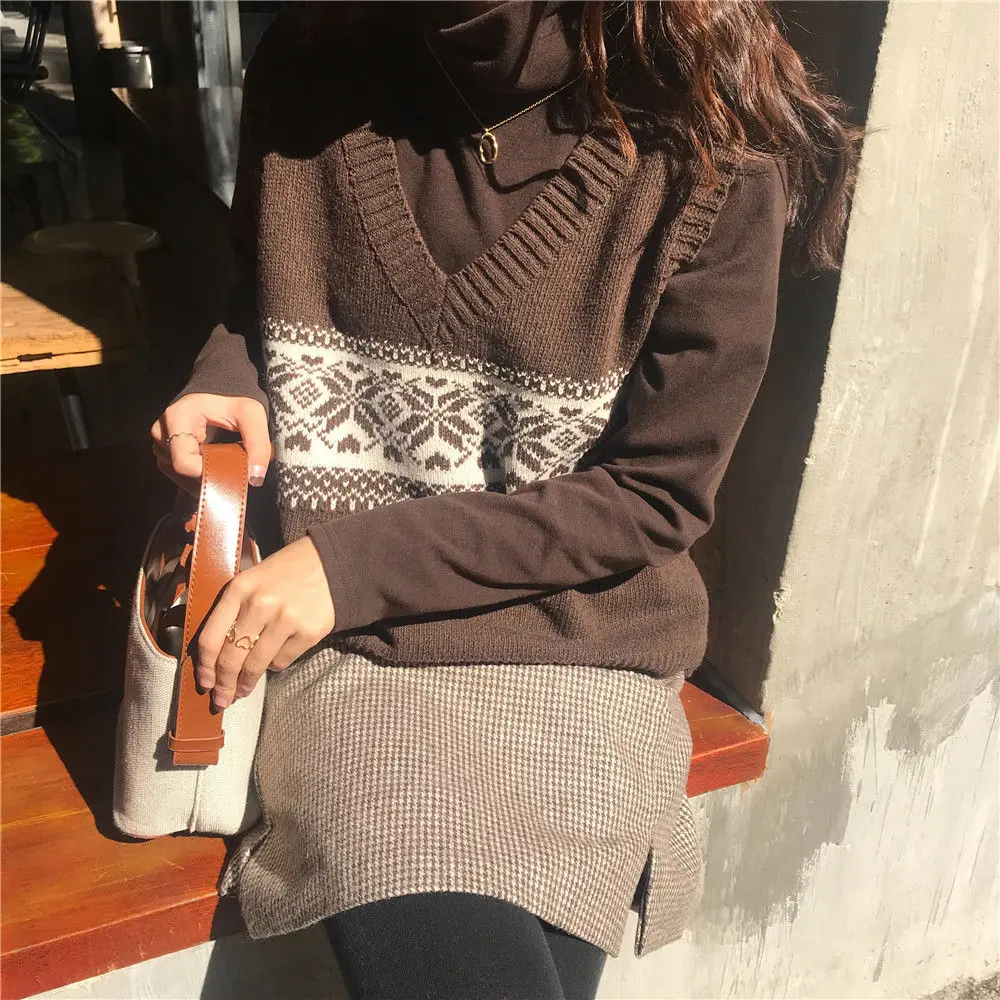 Женский вязаный жилет в стиле ретро с v-образным вырезом Свободный без рукавов